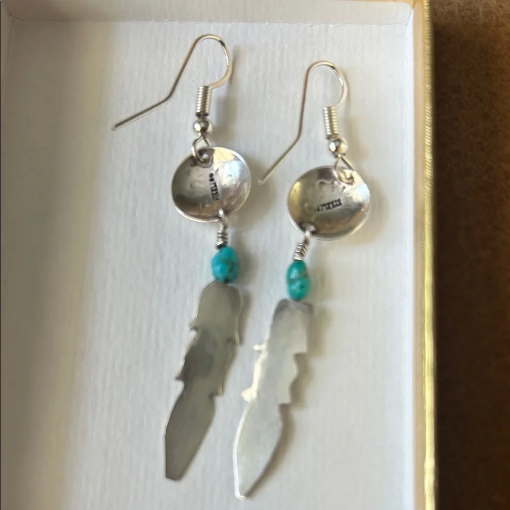 Sterling Silver Feather Drop Earrings with Turquoise Bead